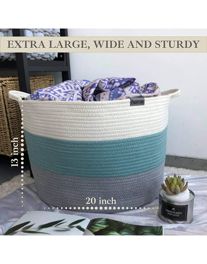 Extra Large Toy Storage Bin Cotton Rope Basket 20 x 20 x 13 Teal Aqua Turquoise Off-White Grey Woven for Baby Nursery Laundry Blankets - BAM1E3MS3
