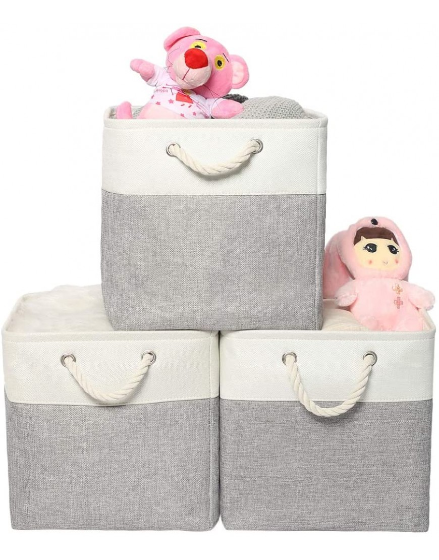 FAGlSAK Large Foldable Storage Bin 13" X 13" Storage Basket Organizer Basket Shelf Cube with Sturdy Cotton Carry Handles for Baby Nursery Closet Shelves Organization White&Grey Set of 3 - B59YHGUDZ