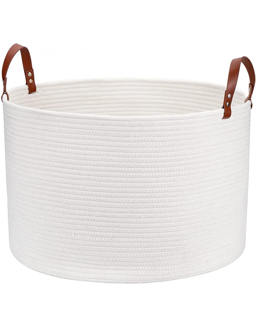 Haidms Extra Large Blanket Basket XXL Cotton Rope Basket Woven Storage Basket Collapsible Laundry Basket White Toy Basket with Leather Handles 20''X20''X13'' - BQUKPYI3T