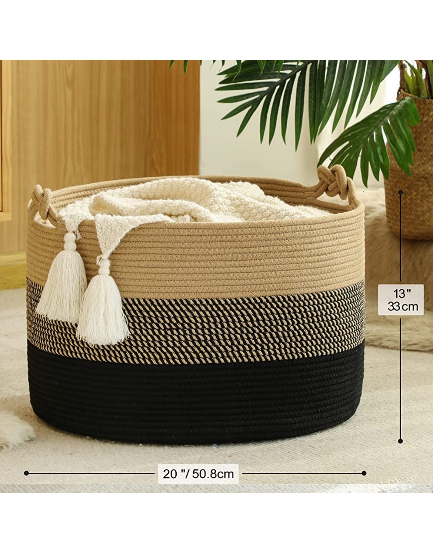 KAKAMAY Large Blanket Basket 20x13,Woven Rope Baskets for storage Baby Laundry Hamper Cotton Rope Blanket Basket for Living Room Laundry Nursery Pillows,Baby Toy chest Jute Black - BO79U9EIO
