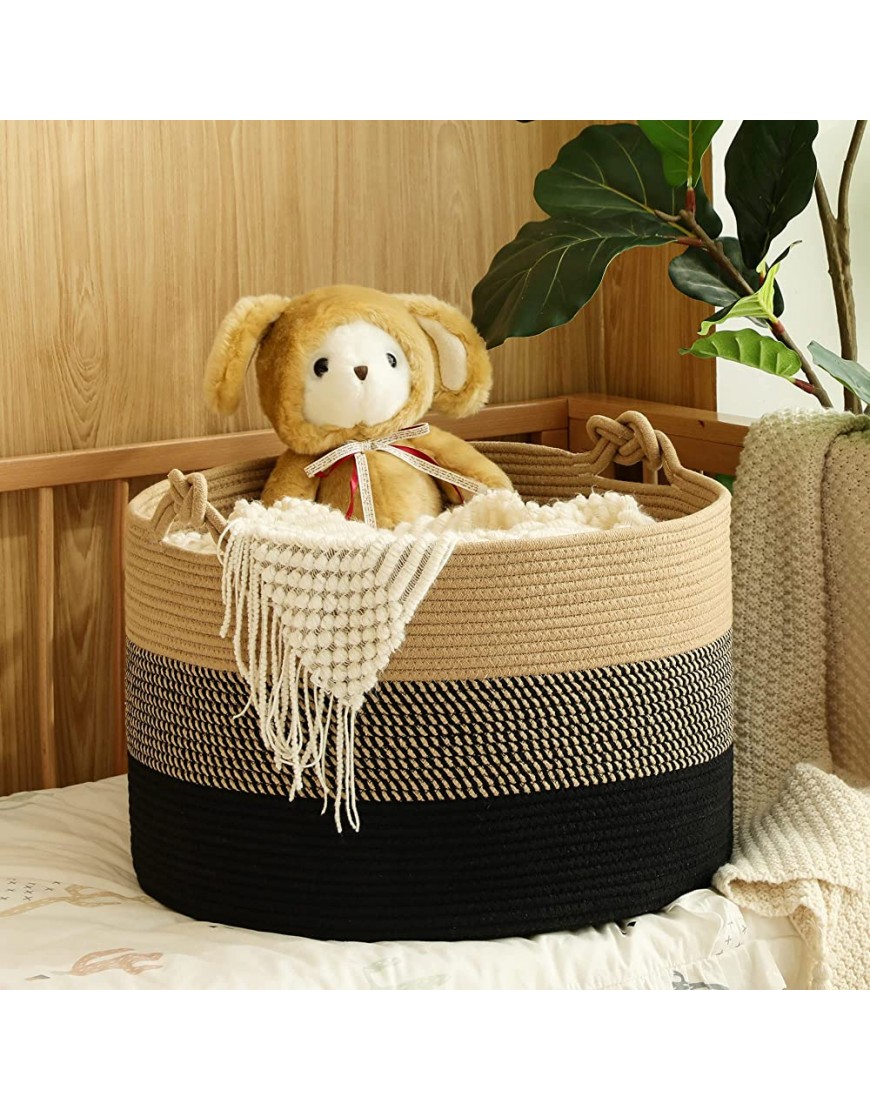 KAKAMAY Large Blanket Basket 20x13,Woven Rope Baskets for storage Baby Laundry Hamper Cotton Rope Blanket Basket for Living Room Laundry Nursery Pillows,Baby Toy chest Jute Black - BO79U9EIO
