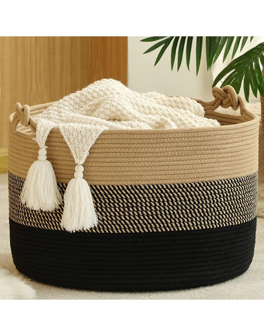 KAKAMAY Large Blanket Basket 20"x13",Woven Rope Baskets for storage Baby Laundry Hamper Cotton Rope Blanket Basket for Living Room  Laundry Nursery Pillows,Baby Toy chest Jute Black - BO79U9EIO