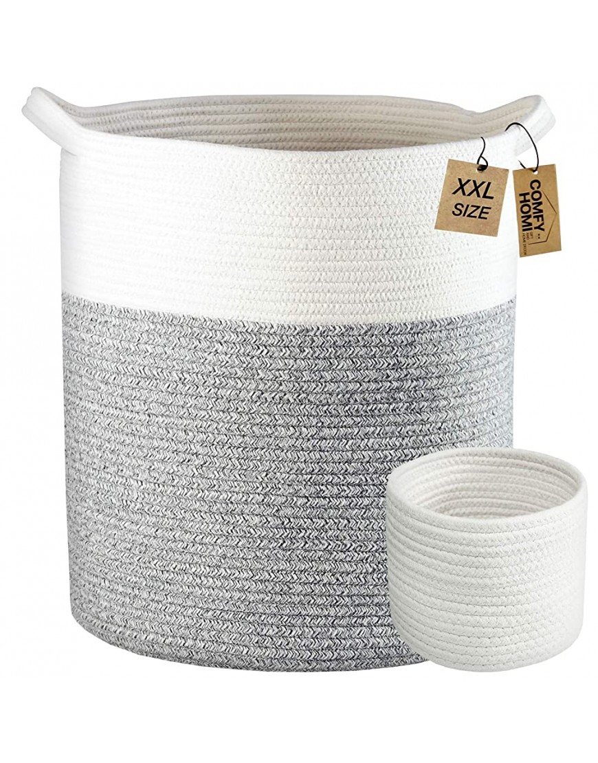 Laundry Basket 2pc by COMFY-HOMI Large Basket 18"X16" Tall Woven Cotton rope Basket with Handles Decorative Basket for Blankets Round Storage Basket for living room,Clothes,Pillows,Towels White Grey - BD7392JY2