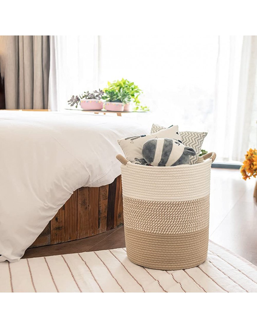 LixinJu Woven Basket with Handle Round Laundry Basket Cotton Rope Basket Toy Storage Basket Organizer Tall Woven Basket Blanket Storage Laundry Nursery Hamper for Living Room Toy Gifts Khaki + White - BGZSO4AHX