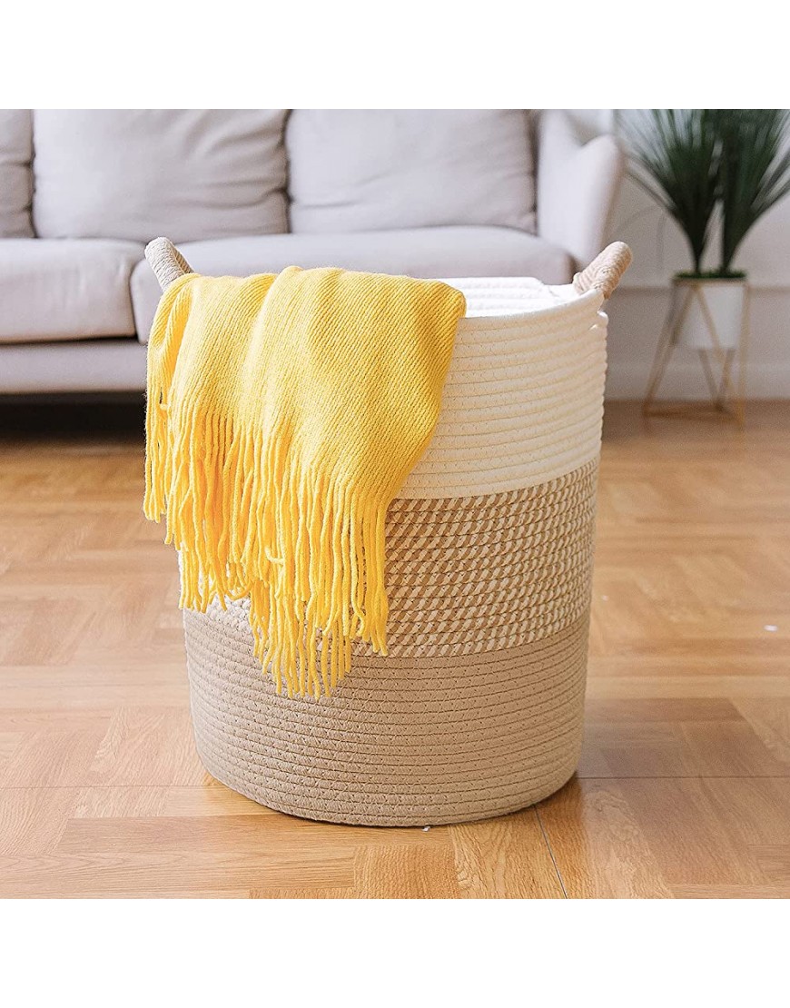LixinJu Woven Basket with Handle Round Laundry Basket Cotton Rope Basket Toy Storage Basket Organizer Tall Woven Basket Blanket Storage Laundry Nursery Hamper for Living Room Toy Gifts Khaki + White - BGZSO4AHX