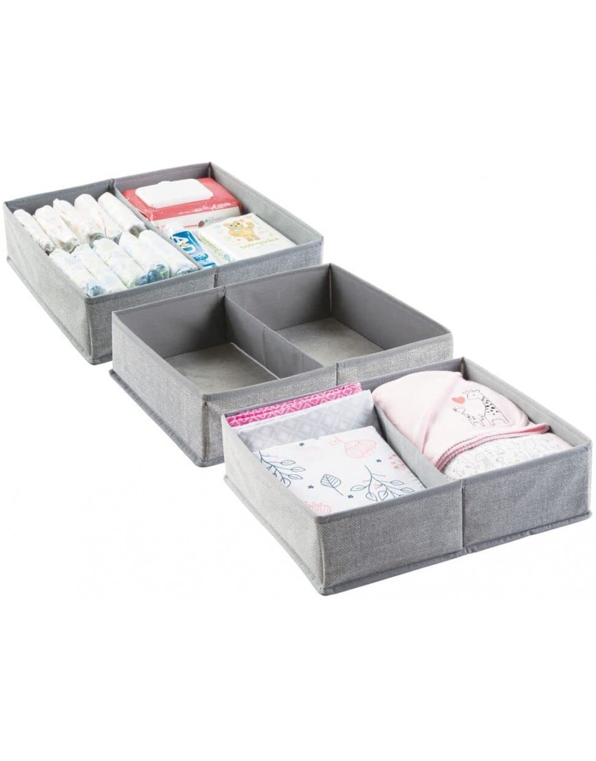 mDesign Soft Fabric Dresser Drawer and Closet Storage Organizer Bin for Child Kids Room Nursery Playroom Divided 2 Section Tray Textured Print 3 Pack Gray - B53BJV2BU