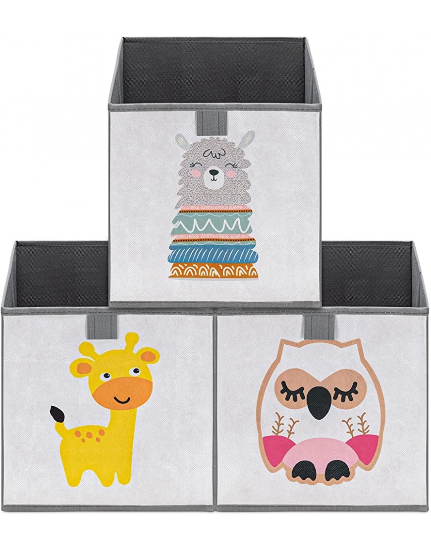 Navaris Kids Storage Cubes Set of 3 Storage Boxes 11x11x11 with Animal Designs Children's Cube Bins Fabric Organizer Bin Alpaca Giraffe Owl - B51NHVS08