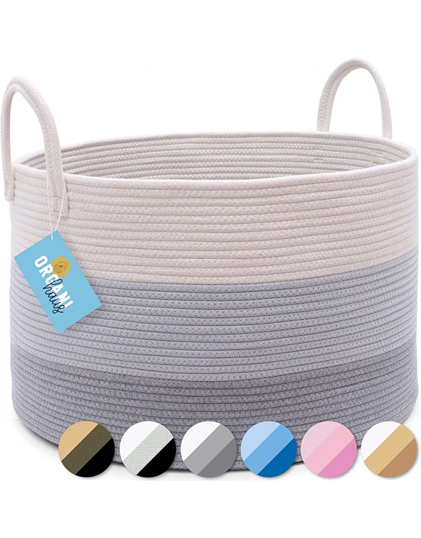 OrganiHaus XXL Rope Blanket Basket | Rope Baskets with Handles Storage Baskets for Organizing | Rope Laundry Basket & Nursery Hamper Decorative Basket for Blankets & Toy Basket 20x13-3 Tone Gray - B73WERPIO