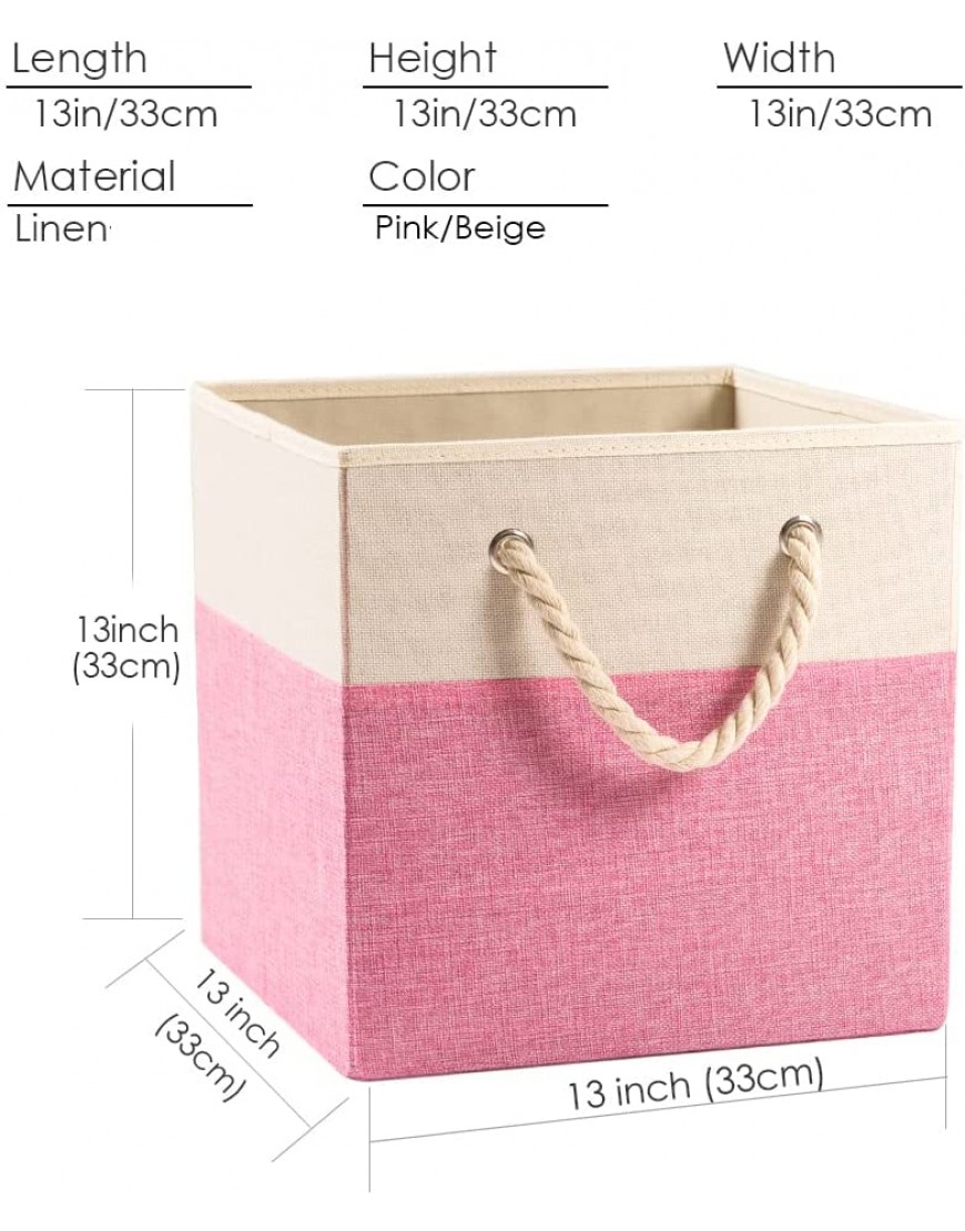 PRANDOM Large Foldable Cube Storage Bins 13x13 inch [4-Pack] Fabric Linen Storage Baskets Cubes Drawer with Cotton Handles Organizer for Shelves Toy Nursery Closet Bedroom Pink - BZZVB56R1