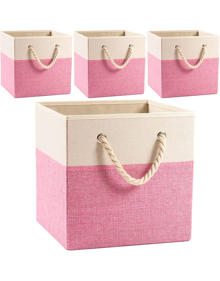 PRANDOM Large Foldable Cube Storage Bins 13x13 inch [4-Pack] Fabric Linen Storage Baskets Cubes Drawer with Cotton Handles Organizer for Shelves Toy Nursery Closet Bedroom Pink - BZZVB56R1