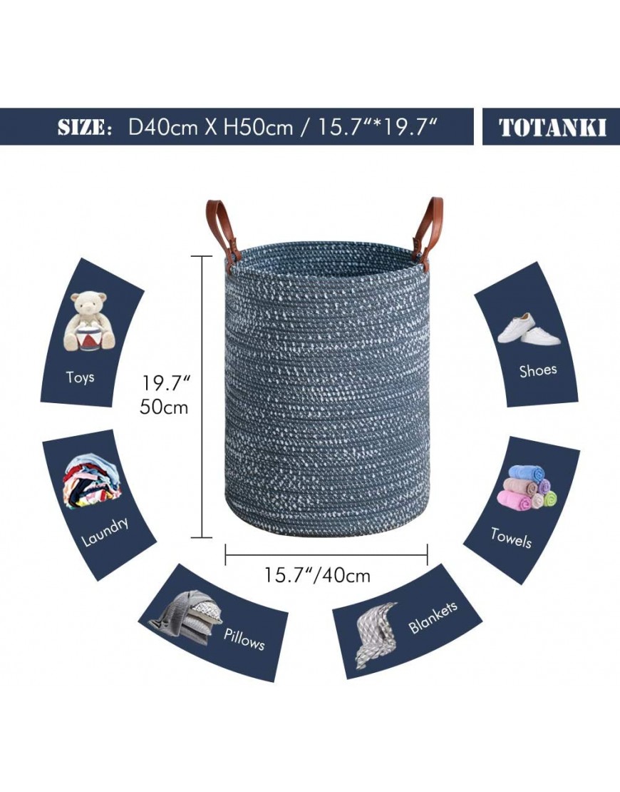 TOTANKI Large Cotton Rope Laundry Storage Basket 15.7 InchesD x 19.7 InchesH Collapsible Woven Basket with Leather Handles for Storing Clothing Diapers Toys Blue - BI3JFJEPF
