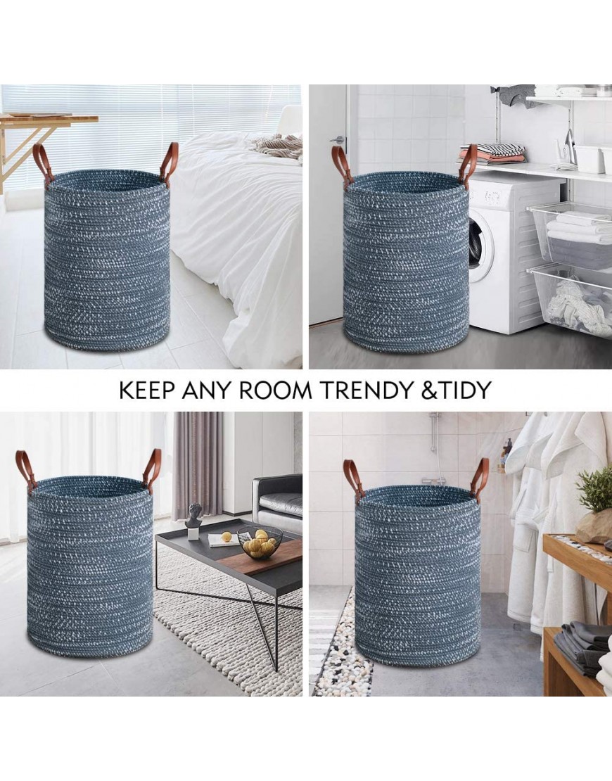 TOTANKI Large Cotton Rope Laundry Storage Basket 15.7 InchesD x 19.7 InchesH Collapsible Woven Basket with Leather Handles for Storing Clothing Diapers Toys Blue - BI3JFJEPF