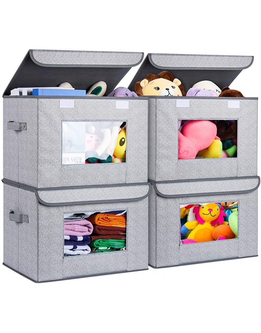 Univivi Foldable Nursery Storage Bin [4-Pack] Fabric Storage Boxes with Lids Large toy organizers and storage for Nursery Bedroom Home Gray 17" x 12" x 12" - BX6MZTU5Z