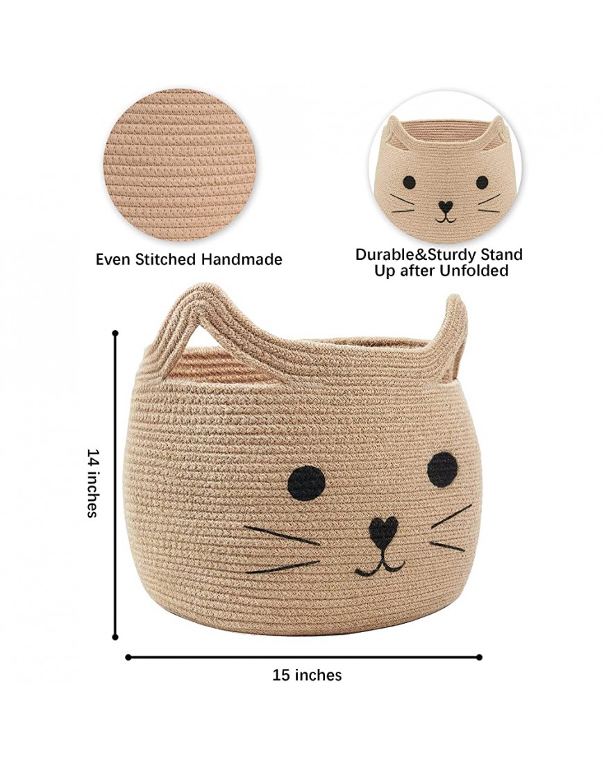 VK Living Animal Baskets Large Woven Cotton Rope Storage Basket with Cute Cat Design Animal Laundry Basket Organizer for Towels Blanket Toys Clothes Gifts – Pet or Baby Gift Baskets 15‘’ L x 14H - BZPNIJMOU
