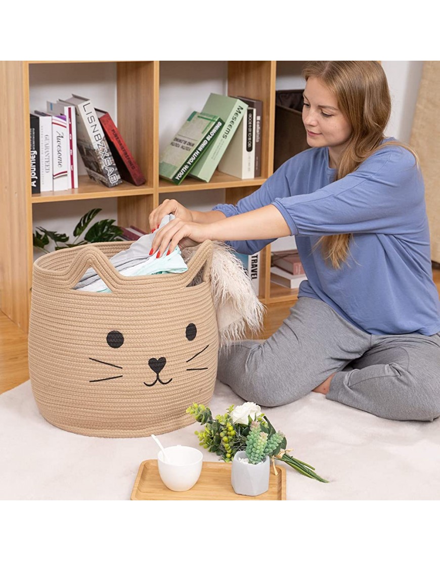 VK Living Animal Baskets Large Woven Cotton Rope Storage Basket with Cute Cat Design Animal Laundry Basket Organizer for Towels Blanket Toys Clothes Gifts – Pet or Baby Gift Baskets 15‘’ L x 14H - BZPNIJMOU