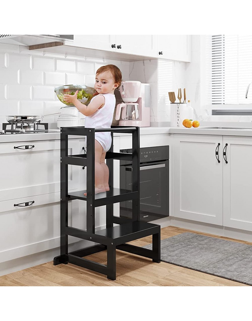 AMBIRD Toddler Step Stool 3 Adjustable Height Stool for 18-48 Months Kids Wooden Toddler Kitchen Stool Helper with Rail & Non-Slip Mat for Kitchen & Bathroom Sink Black - B6S8BL5XH