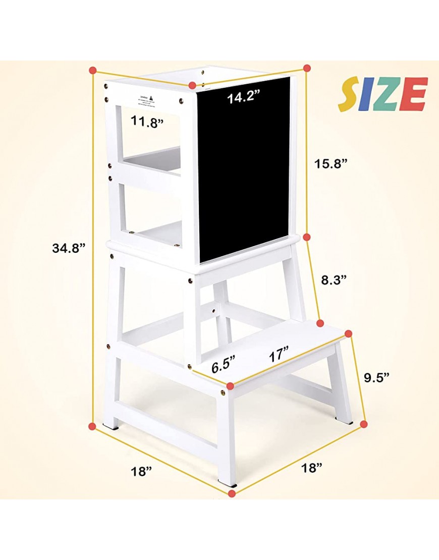 Kids Kitchen Step Stool with Chalkboard & Safety Rail for Toddlers 18 Months and Older Safety Anti-Slip Protection Removable Step Stool for Adult Use White - BG5YD9BQ7