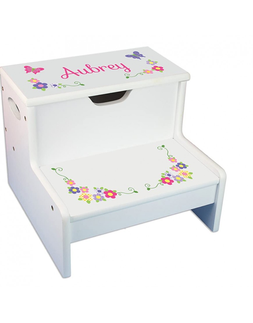 Personalized Bright Butterflies Garland White Childrens Step Stool with Storage - BKVE9BAG6