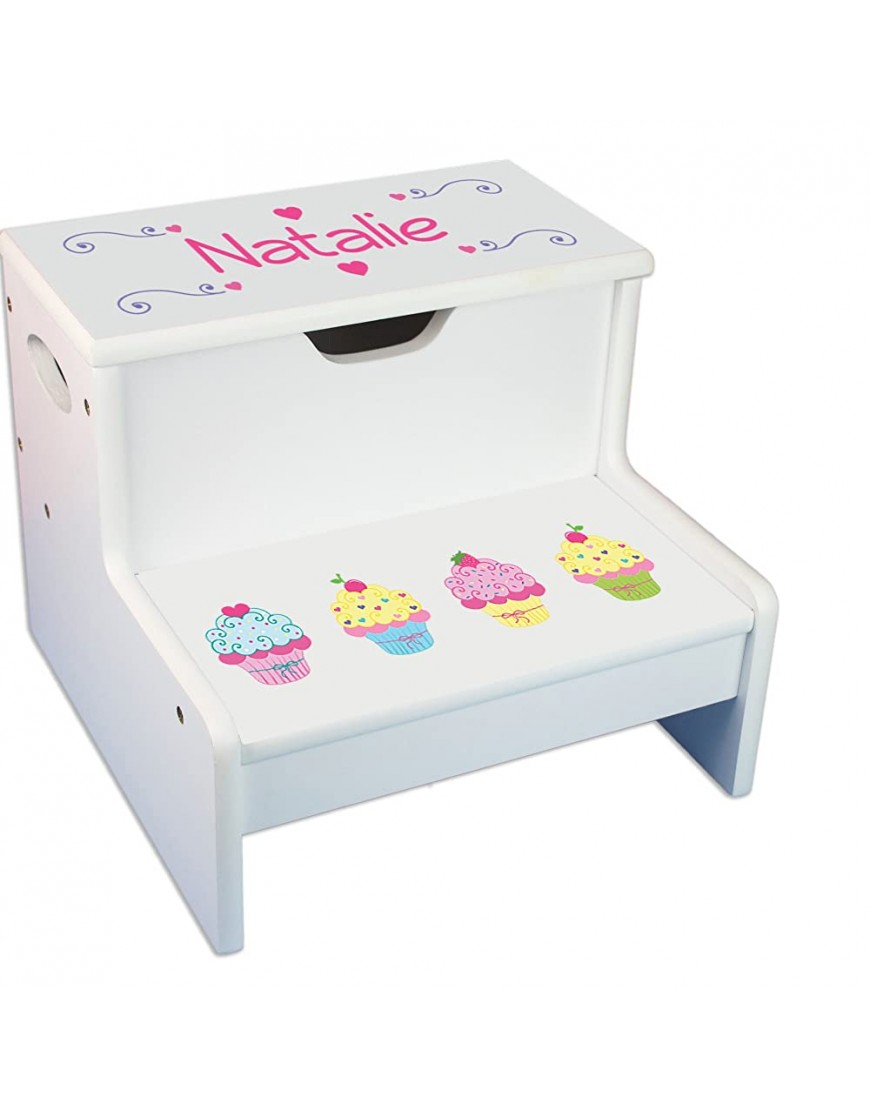 Personalized Cupcake White Childrens Step Stool with Storage - BXLGTUFWS