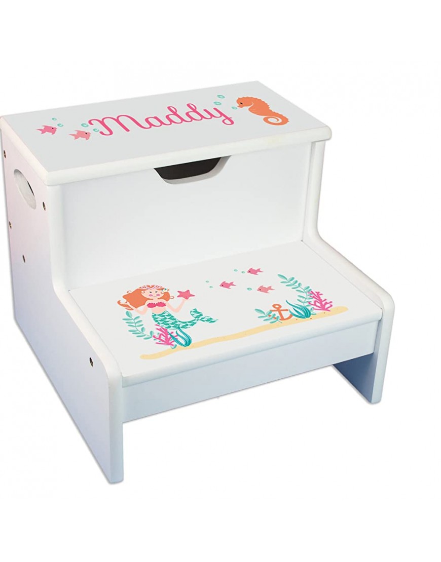 Personalized Mermaid Princess White Childrens Step Stool with Storage - BZ1H44LID