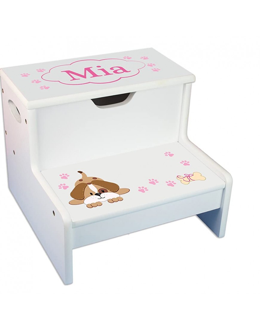 Personalized Pink Puppy White Childrens Step Stool with Storage - B7X8HNW6J
