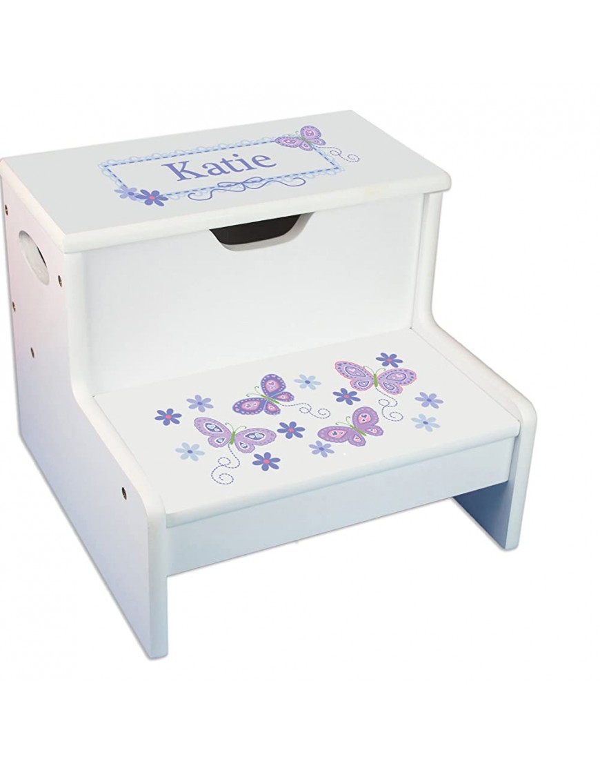Personalized White Step Stool and Storage with Lavender Butterflies Design - BV5JQH8HL