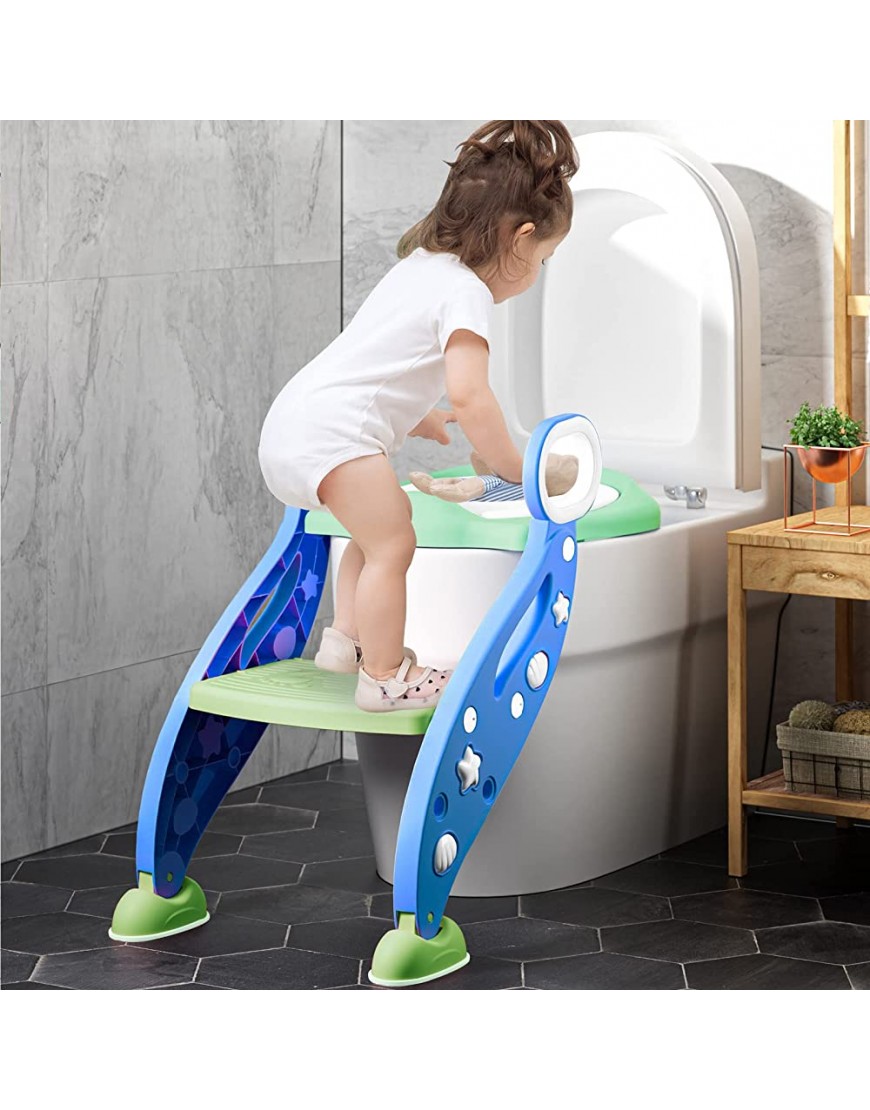 Potty Training Seat with Step Stool Ladder for Boys and Girls Toddler Toilet Step Trainer Ladder with Handles Non-Slip Pads Heights-up Adjustable Stepper for Bathroom Bluegreen - BP4A4FGYK