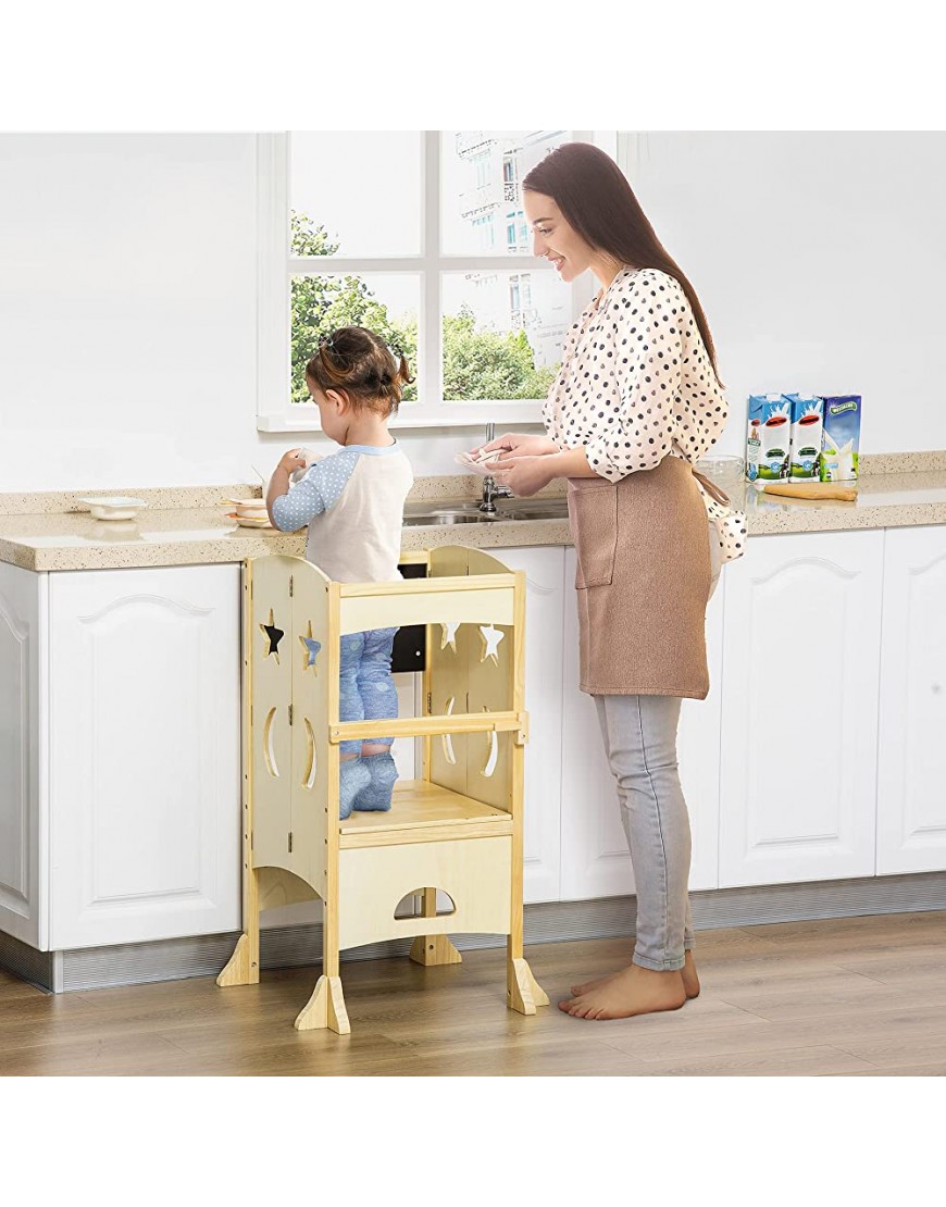 Qaba Kids Foldable Kitchen Step Stool with Chalkboard and Lockable Handrail for Children 3-6 Years Old Natural - BANJ5QUC7