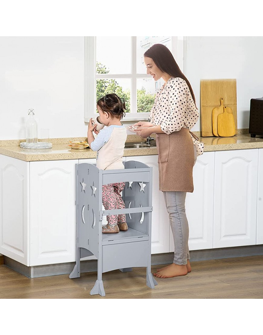 Qaba Kitchen Step Stool for Kids Wooden Foldable Helper Stool with Support Handles Safety Rail Cooking Stool Stand for Toddler Kitchen Bathroom Counter Step Non-Slip Grey - BRBSBRCHL