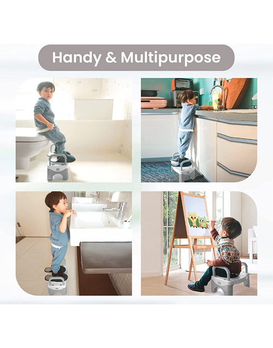 Step Stool for Kids Toddlers Bathroom Potty Training 13.5 x 9.21 x 10.4 with Adjustable Removable Handles Non-Slip Bottom Safe Textured Step. Lightweight Folds for Compact Storage Gray White - B8TNAI6EF