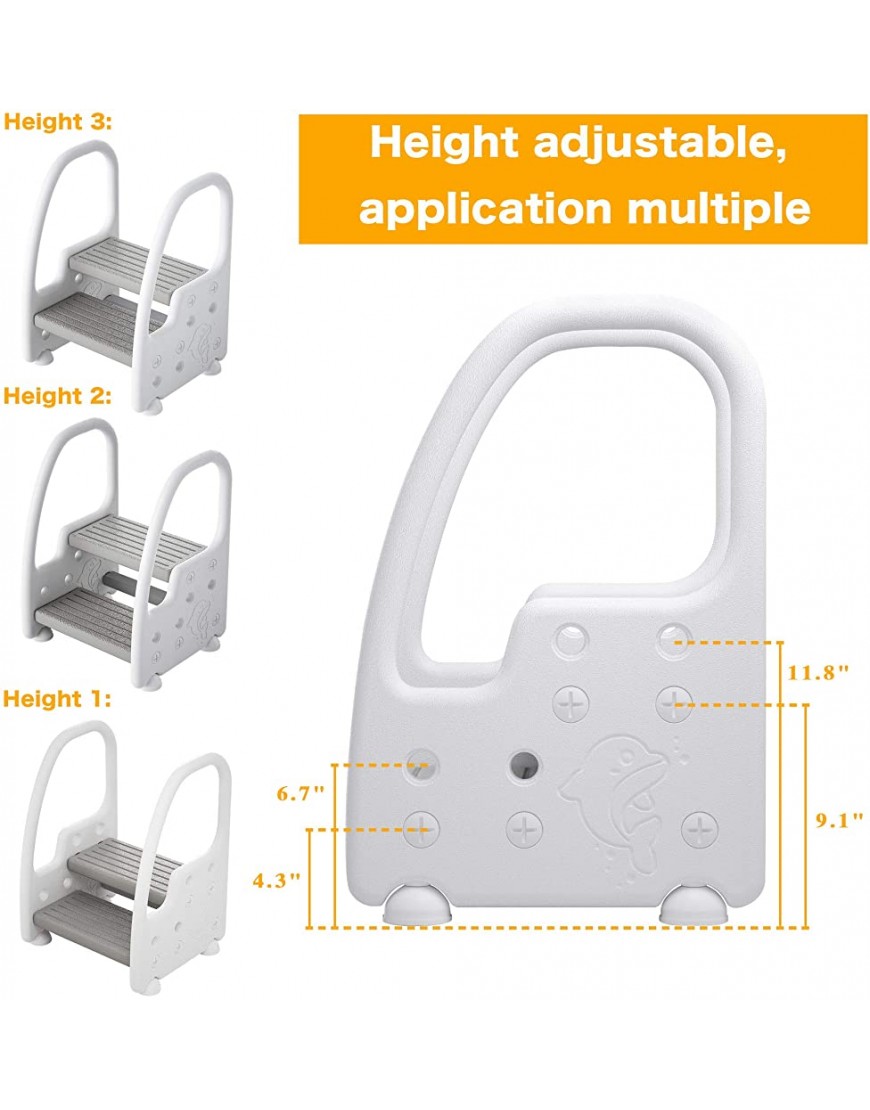 Two Step Stool with Handles Height Adjustable Footstool for Toddlers Children Kids as Bathroom Potty Stool Kitchen Helper Non-Slip Safety Plastic Gray - BL5ZTJ323