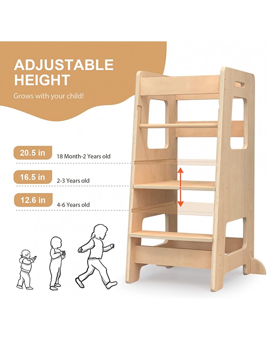 WOOD CITY Kitchen Step Stool for Kids and Toddlers with Safety Rail Adjustable Height Step Stool Helper Standing Tower Learning Stool for Bathroom & Kitchen Counter - B9D5T1976
