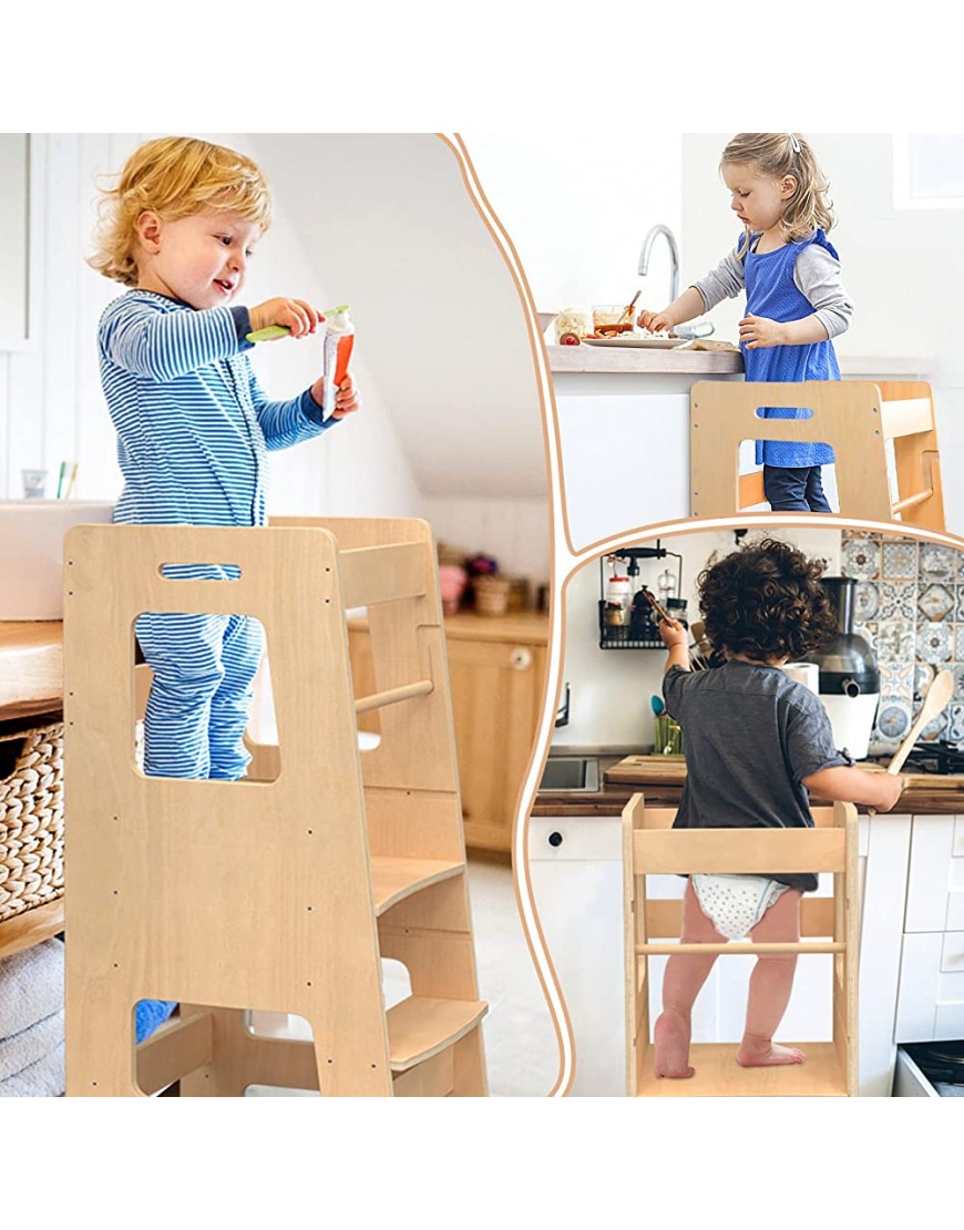 WOOD CITY Kitchen Step Stool for Kids and Toddlers with Safety Rail Adjustable Height Step Stool Helper Standing Tower Learning Stool for Bathroom & Kitchen Counter - B9D5T1976