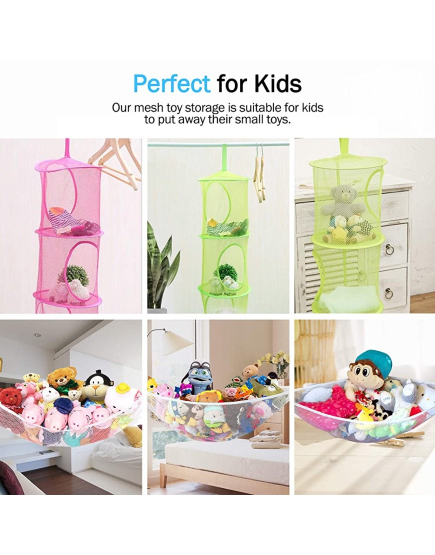2 Pcs Hanging Mesh Storage Basket with 1 Stuffed Animals Toy Net Hammock Hommtina Foldable Corner Organizer 3 Tier Neatly Organize Kid’s Plush Toys and Save Space Pink+Green - BTED9A9MK