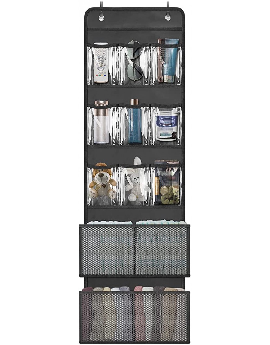NPET Over Door Hanging Organizer Wall Mount Storage with Clear PVC Pocket EVA Waterproof Mesh Pocket and Oxford Cloth Material for Closet Bedroom Nursery Dorm 38BK01 Black - BVQ71FXER