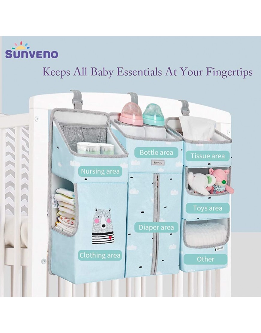 SUNVENO Nursery Organizer Baby Diaper Caddy Set 3-in-1 Detachable Diaper Organizer Hanging Storage Bags for Crib Changing Table or Wall Blue - BGPQBRRY9