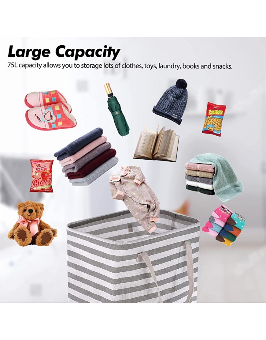 75L Collapsible Laundry Hamper for Bedroom Freestanding Large Canvas Laundry Bin Square Clothes Storage Organizer with Extended Handles Waterproof Laundry Baskets for Clothes Toy Towels Striped - BS75WNNVX