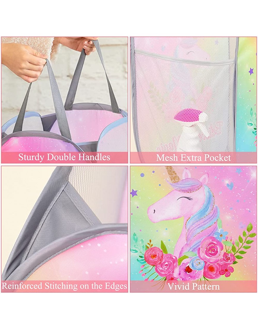 Basumee Unicorn Kids Laundry Hamper Collapsible Laundry Baskets Pop Up Hamper Mesh Dirty Clothes Laundry Basket Foldable Hampers with Side Pocket for Nursery Room Rainbow - B7J6PFQ5D
