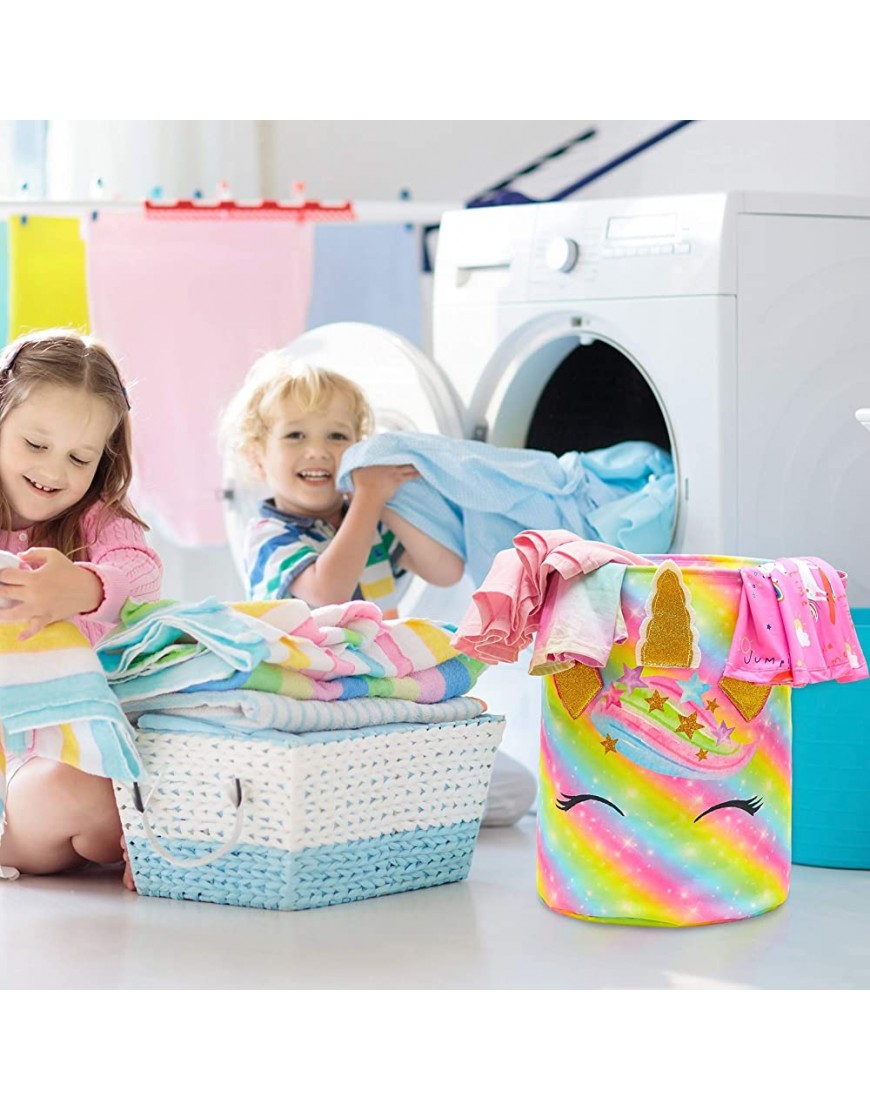 Basumee Unicorn Laundry Basket Waterproof Canvas Nursery Hamper 43.3L Rainbow Collapsible Toys Storage Bin for Kids Girls Bedroom Playroom Clothes - B0IG421O2