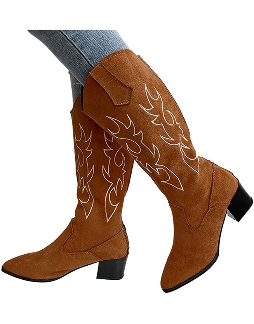 Fullwei Boot for Women,Women Vintage Cowgirl Embroidery Combat Cowboy Booties Knee High Boot Ladies Casual Western Tight High Motorcycle Riding Boot Walking Shoe Brown-2 7.5 - BXXBFA823