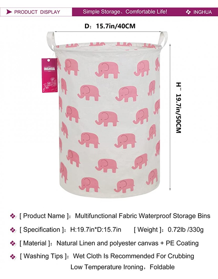 INGHUA Laundry Hamper Large Canvas Fabric Lightweight Storage Basket Toy Organizer Dirty Clothes Collapsible Waterproof for College Dorms Boys and Girls Bedroom,Bathroompink elephant - BCHRVH8JK