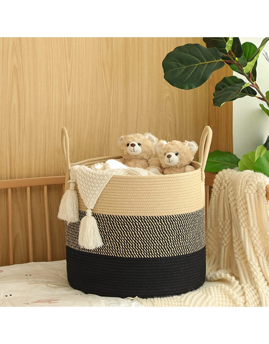 KAKAMAY Large Blanket Basket 18x18x16,Woven Baby Laundry Hamper for Storage Cotton Rope Blankets Baskets for Nursery Laundry Living Room Pillows Baby Toy Chest with Handles Black - BV0Z1C3S0