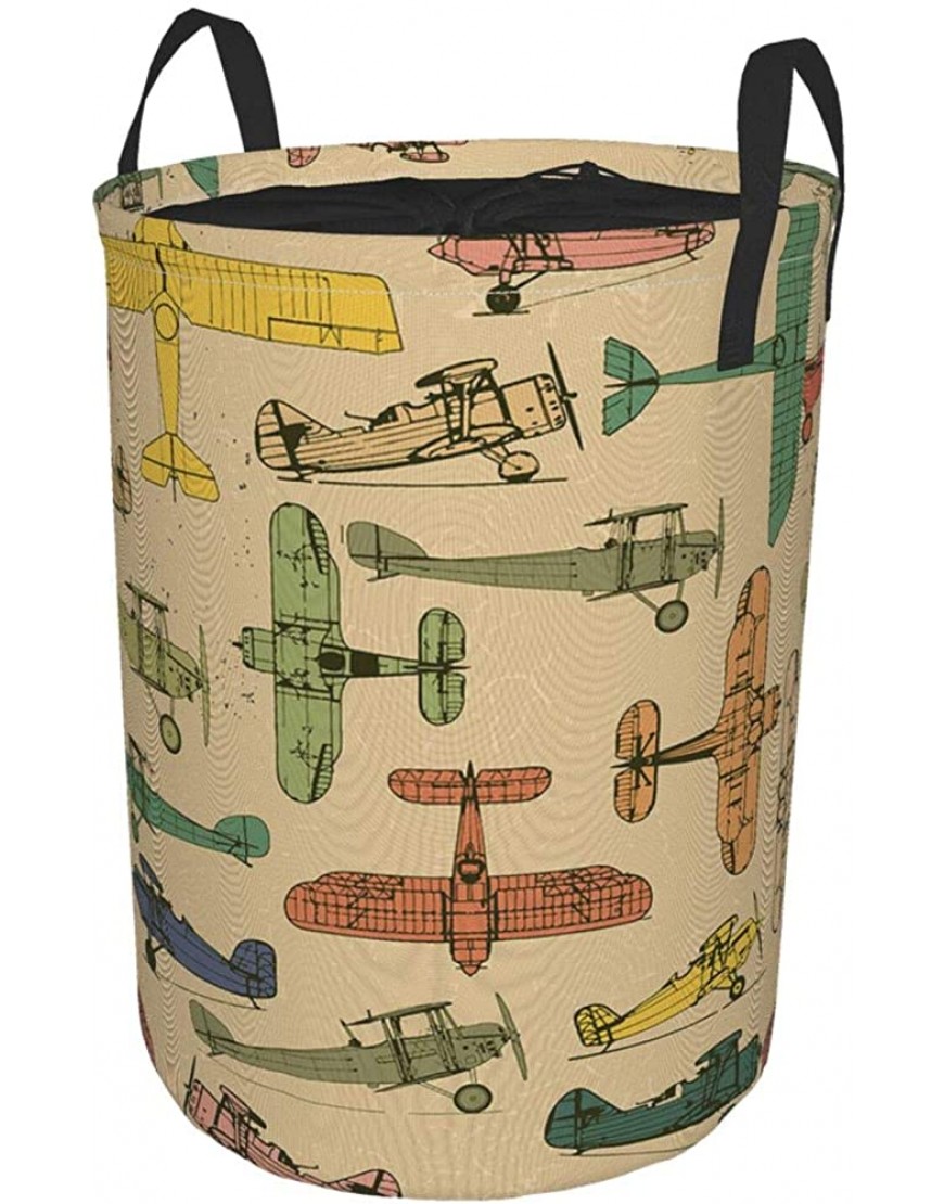 Large Round Storage Basket with Handles,Airplanes Retro Seamless Pattern On Vintage,Waterproof Coating Organizer Bin Laundry Hamper for Nursery Clothes Toys 21.5x 16.5 - B4AIPRKFK