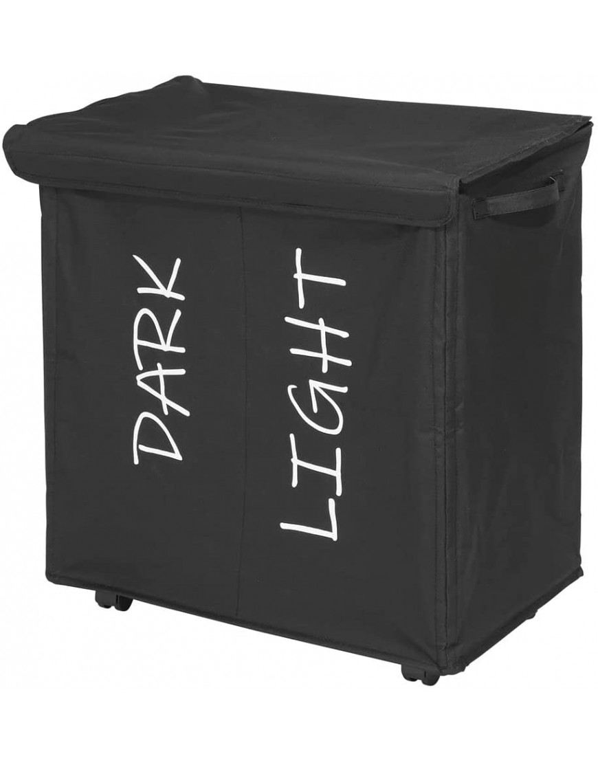mDesign Divided Laundry Hamper Basket with Wheels and Removable Lid Built-in Handles Portable and Foldable for Compact Storage Dark Light Print Fabric Handles Black - BW5V4E087
