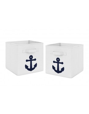Navy Blue Nautical Anchor Foldable Fabric Storage Cube Bins Boxes Organizer Toys Kids Baby Childrens for Anchors Away Collection by Sweet Jojo Designs Set of 2 - BC6PWUH68