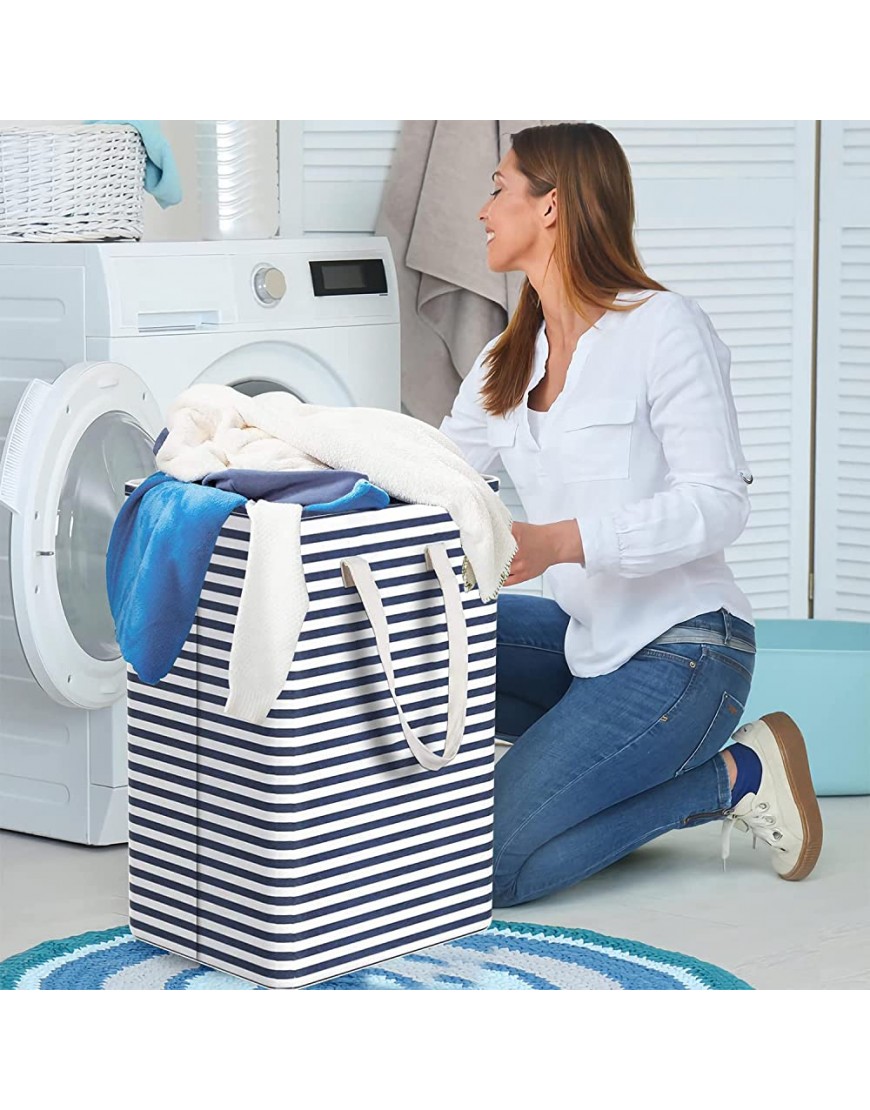 NEWX Large Laundry Basket with Handles,72L Tall Collapsable Laundry Hamper Washable Foldable Rustic Toys Clothes Hamper for Bedroom Bathroom DormRectangle,Blue,White - BIW7YH8YX