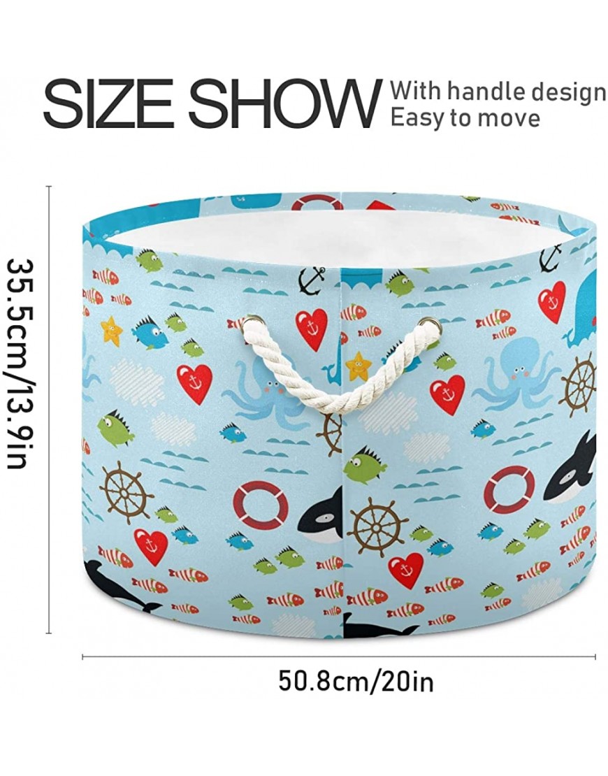 Sharks Fishes Octopus Sea Turtle Underwater Life Round Storage Basket Bin Waterproof Laundry Hamper Large Collapsible Bucket Baby Nursery Organizer with Handles for Bathroom Toys Clothes - BLM77JIOV