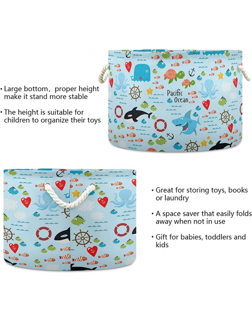 Sharks Fishes Octopus Sea Turtle Underwater Life Round Storage Basket Bin Waterproof Laundry Hamper Large Collapsible Bucket Baby Nursery Organizer with Handles for Bathroom Toys Clothes - BDOCK6Z4J