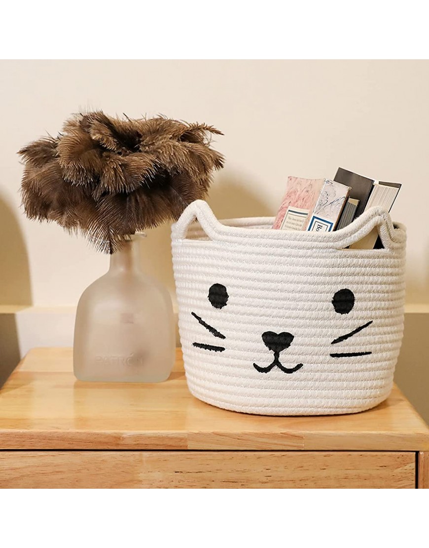 Small Baby Hamper Washable Baby Nursery Hamper White Cotton Rope Basket | LONTAN Cute Cat Design Baby Gift Basket Collapsible Organizer for Snacks 8''X7'' - BZTLO4QPM