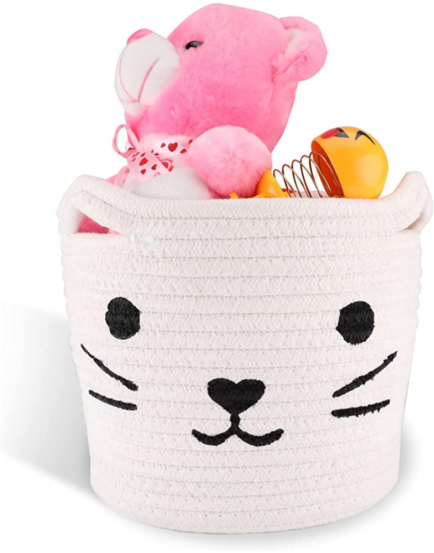 Small Baby Hamper Washable Baby Nursery Hamper White Cotton Rope Basket | LONTAN Cute Cat Design Baby Gift Basket Collapsible Organizer for Snacks 8''X7'' - BZTLO4QPM
